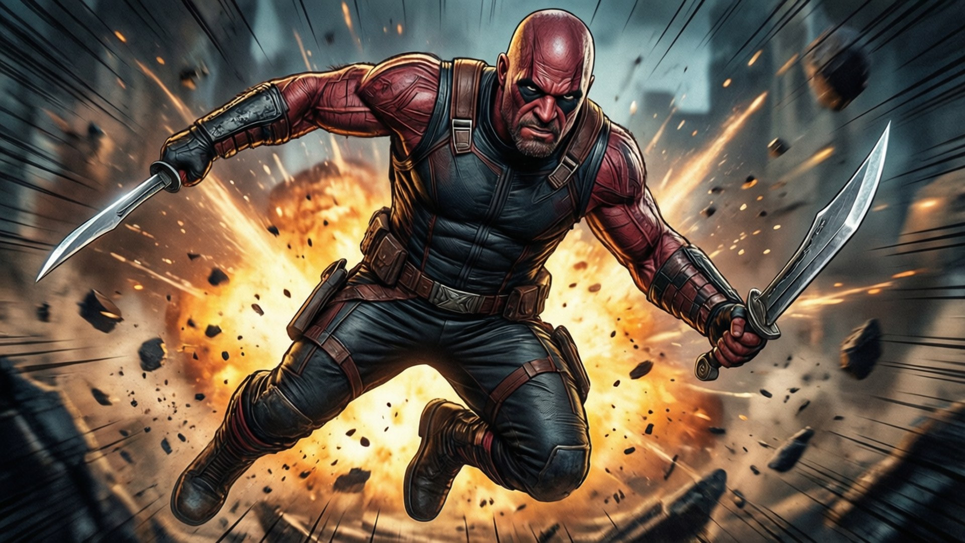 死侍手持雙刀躍過爆炸。