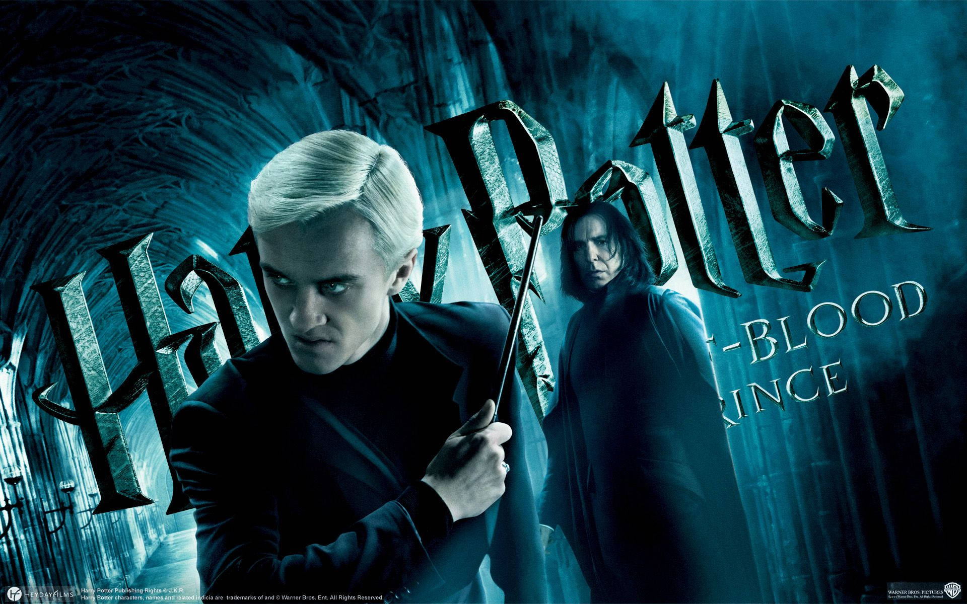 Draco Malfoy 和 Severus Snape 在帶有哈利波特標誌的深藍色石頭隧道中。