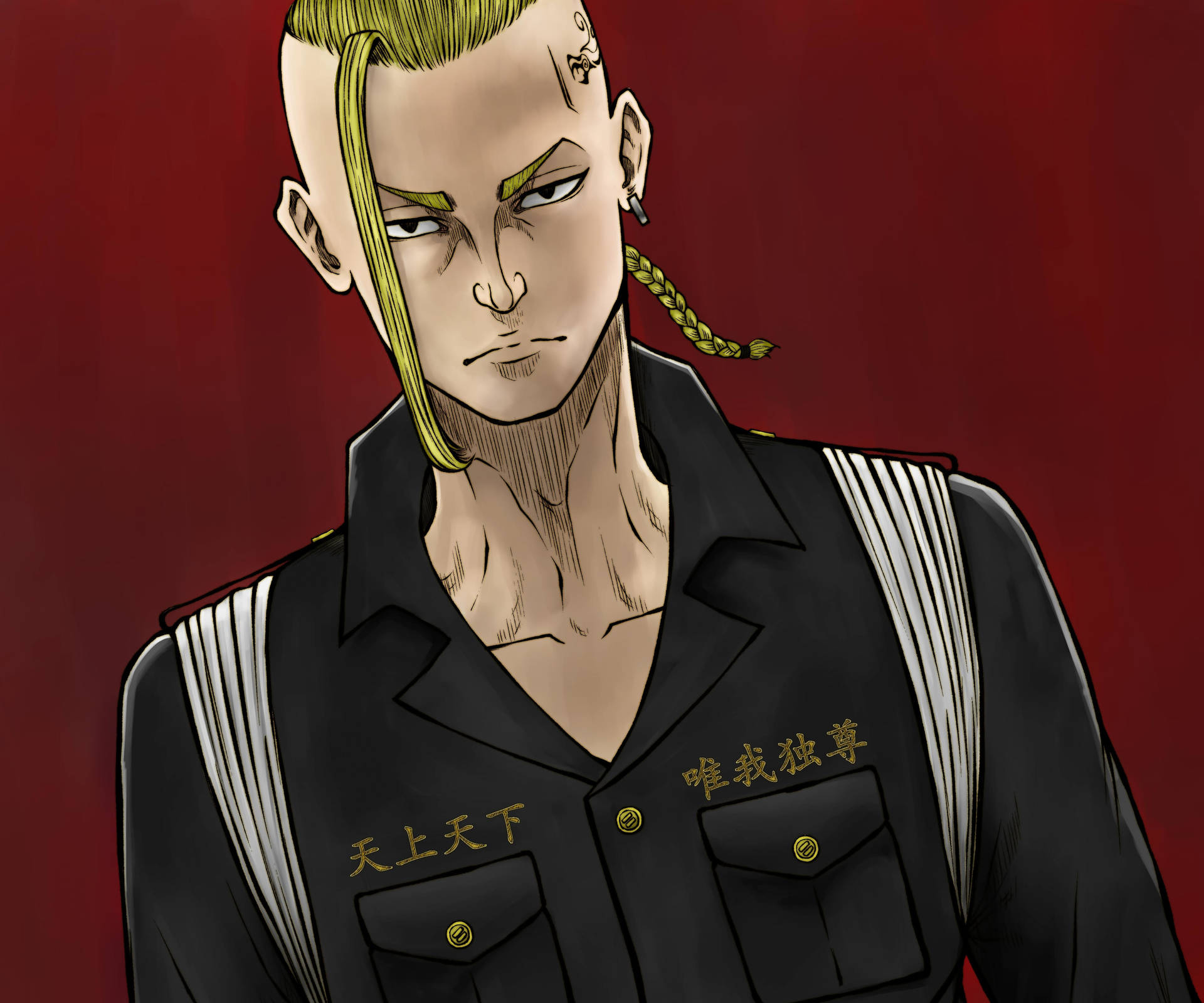 動漫角色，綠色辮子頭髮和黑色制服，紅色背景