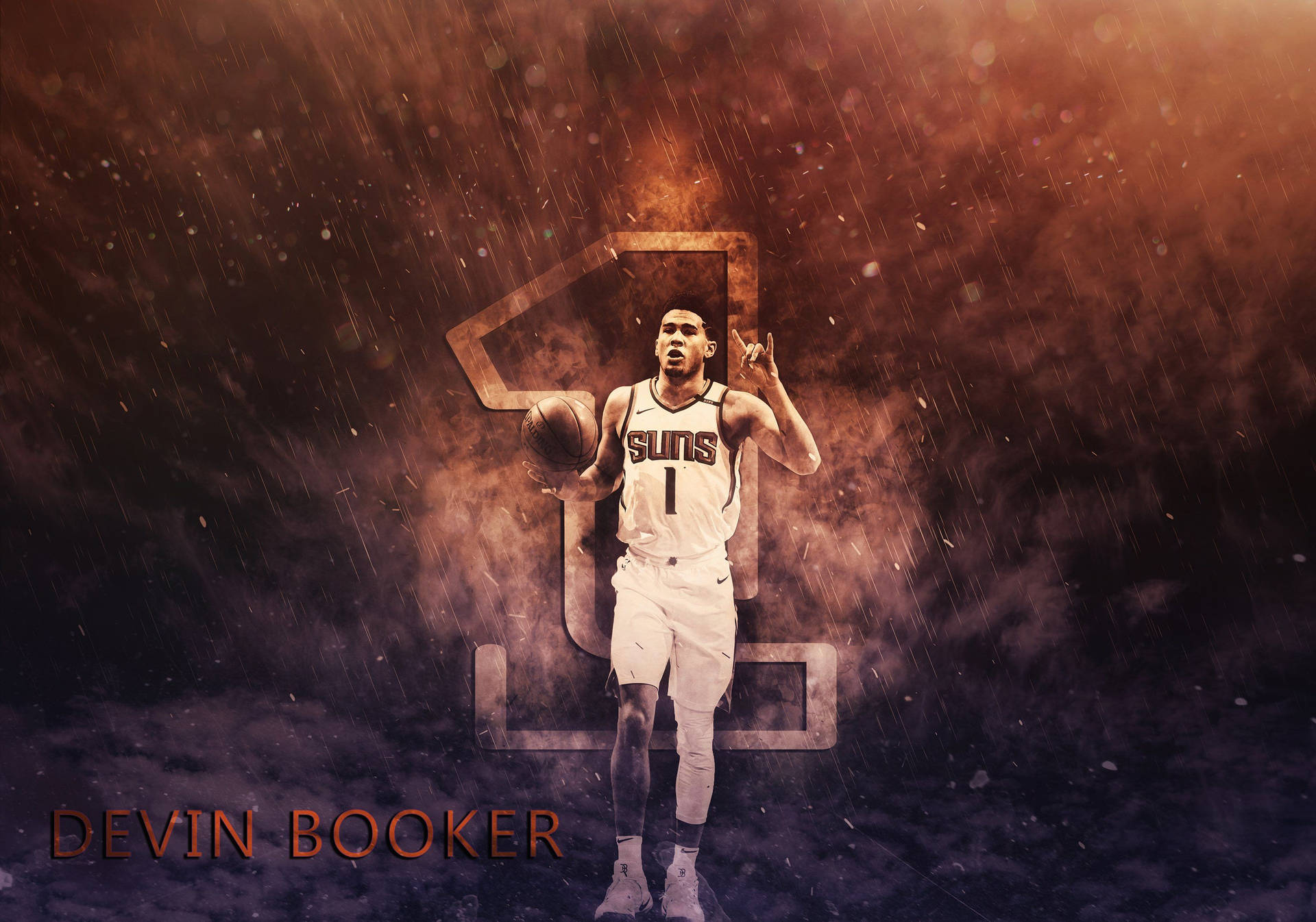 籃球運動員 Devin Booker 身穿太陽隊球衣，在暴風雨的橙色光芒中持球。
