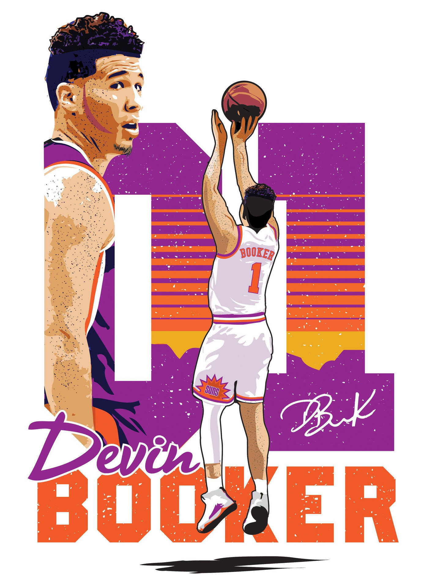 Devin Booker 在風格化的日落背景下投籃的動作，並顯示他的名字。