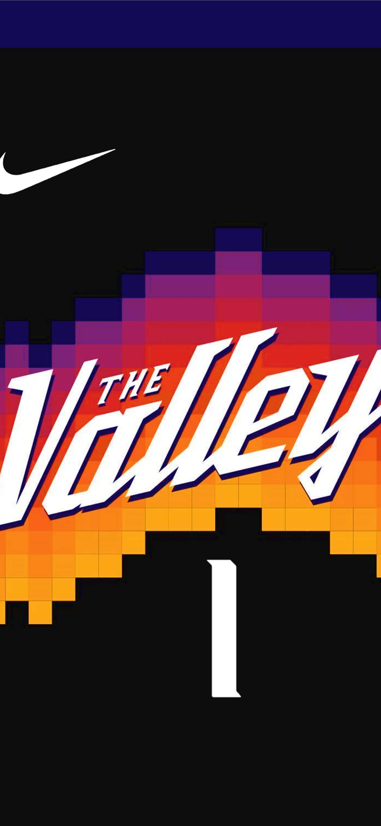 德文·布克手持他的新iPhone 壁紙 — 大膽像素化嘅 'The Valley' 標誌，漸變橙紫色襯黑色背景，附有Nike剔號同數字一。