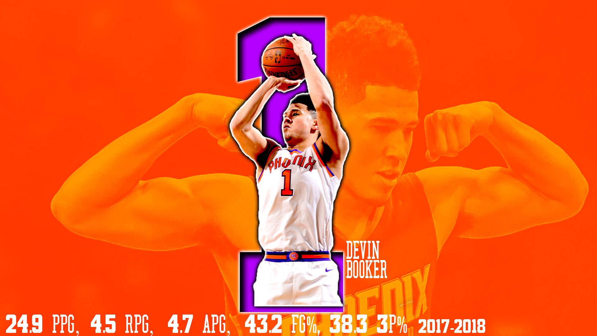 Devin Booker 在橙色背景上投籃，並顯示統計數據。