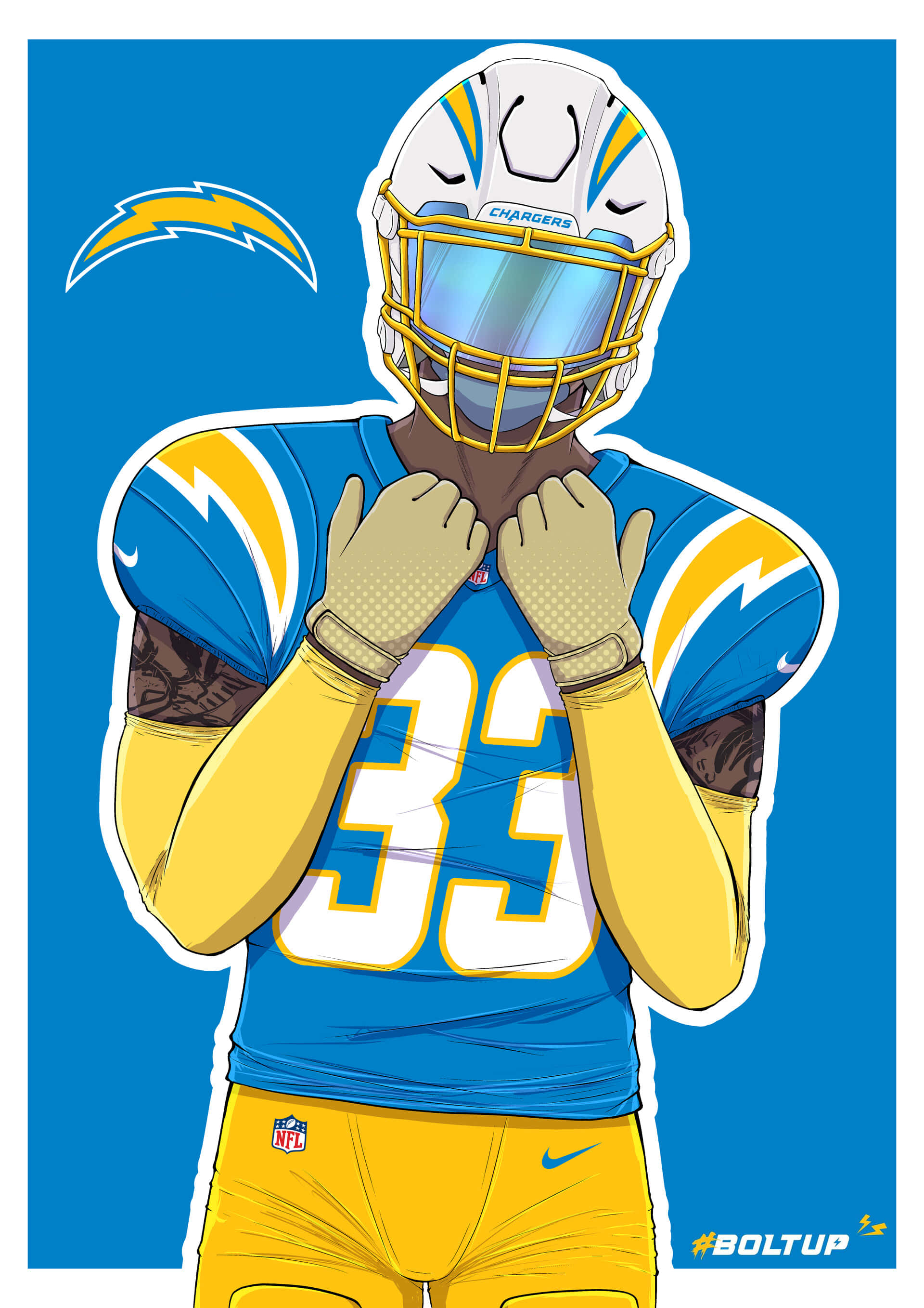 德文·詹姆斯粉絲藝術繪畫 洛杉磯chargers 壁紙 — 一個風格化的插圖足球員，身穿電光隊球衣，號碼33，在純藍色背景前雙手合十放在下巴下。