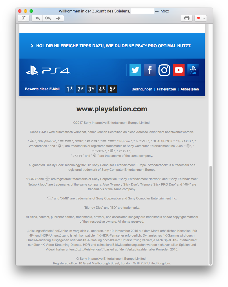 德文PlayStation電郵截圖 壁紙 — 一個德國PlayStation電郵的截圖，推廣PS4提示，包含標誌和頁尾文字。