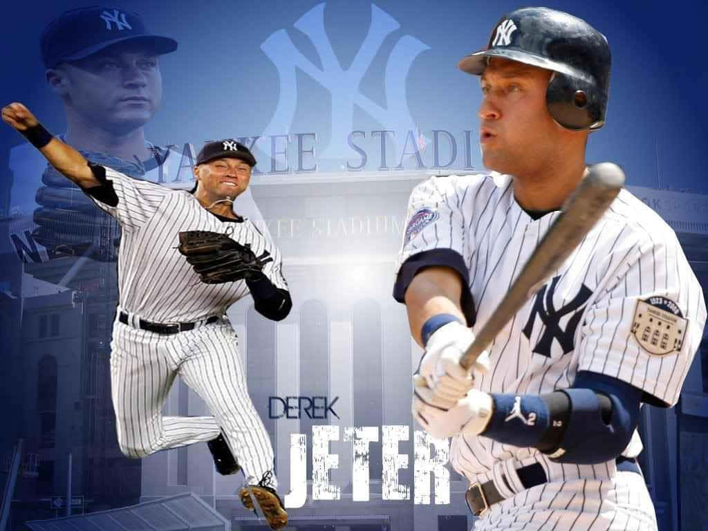 身穿洋基隊球衣的Derek Jeter在球場手持球棒和手套。