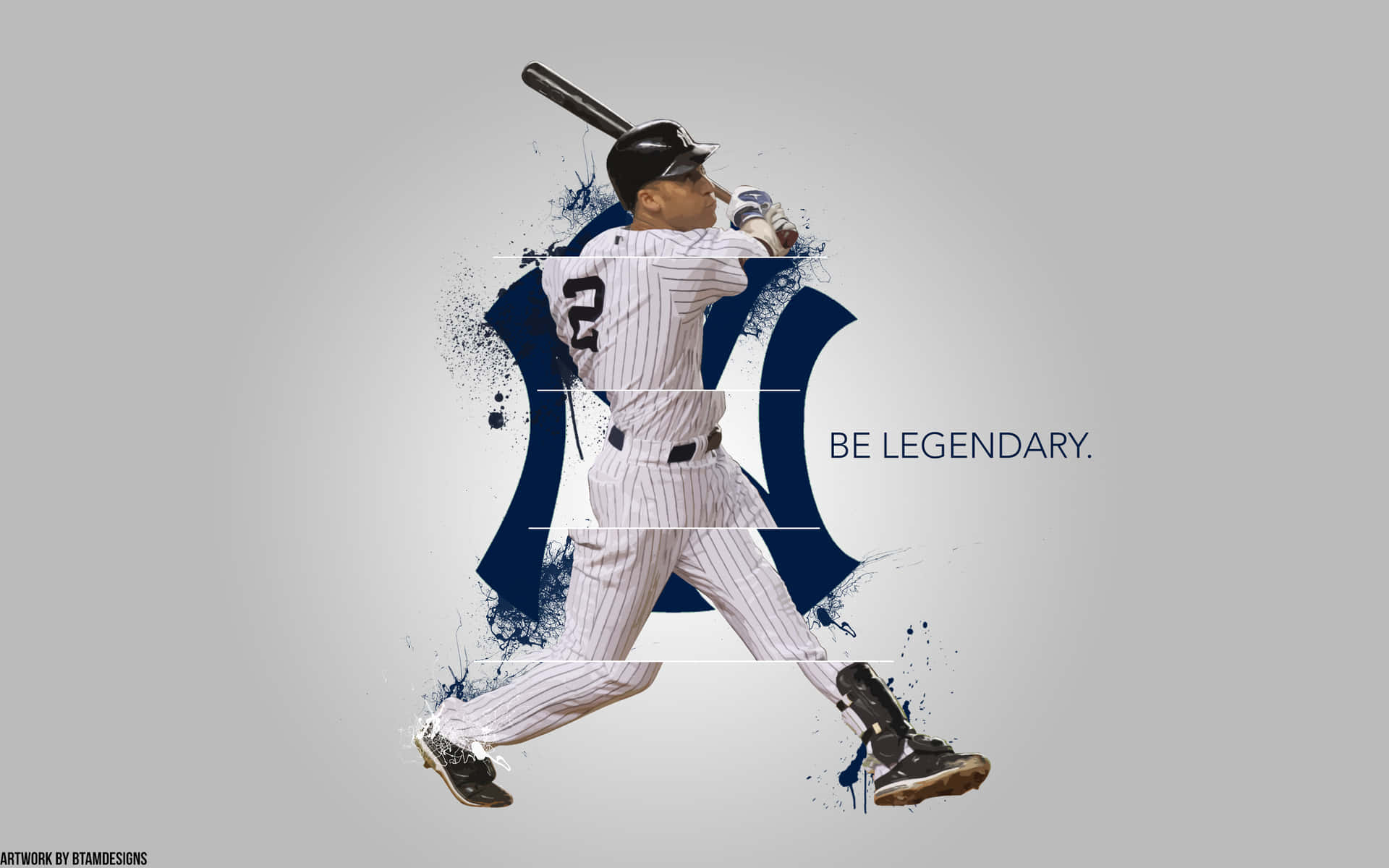 身穿細條紋球衣的棒球選手揮棒，背景有藍色油漆飛濺和「BE LEGENDARY」文字。
