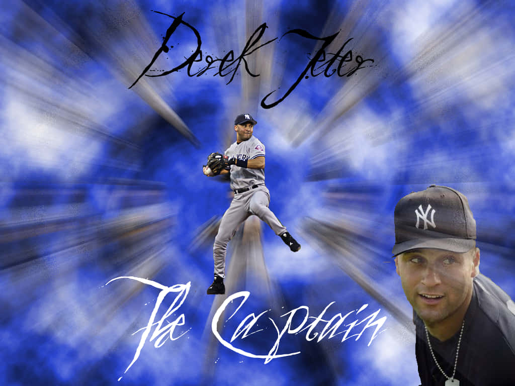 Derek Jeter 身穿洋基隊制服投球，藍色動感背景上有肖像和文字。