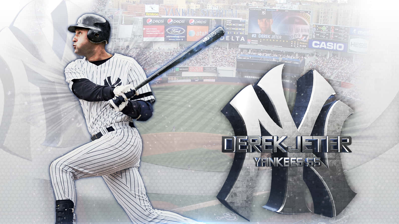 Derek Jeter 洋基隊棒球選手打擊姿勢，附有球隊標誌。