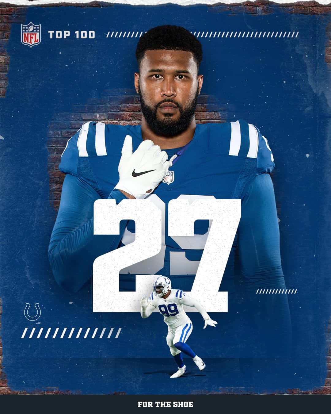 身穿藍色球衣、號碼27的NFL球員站立，下方有較小的動作鏡頭。