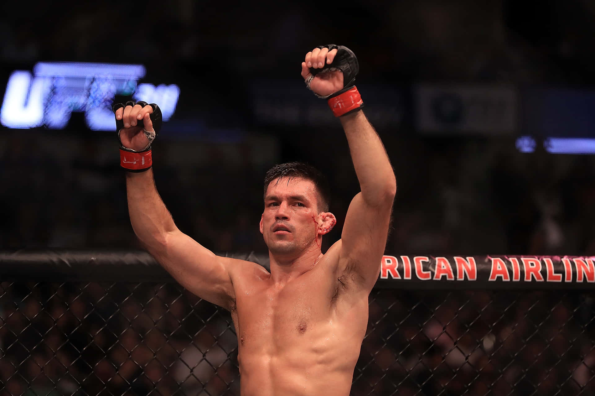 MMA拳手喺UFC八角籠內高舉拳頭慶祝勝利。