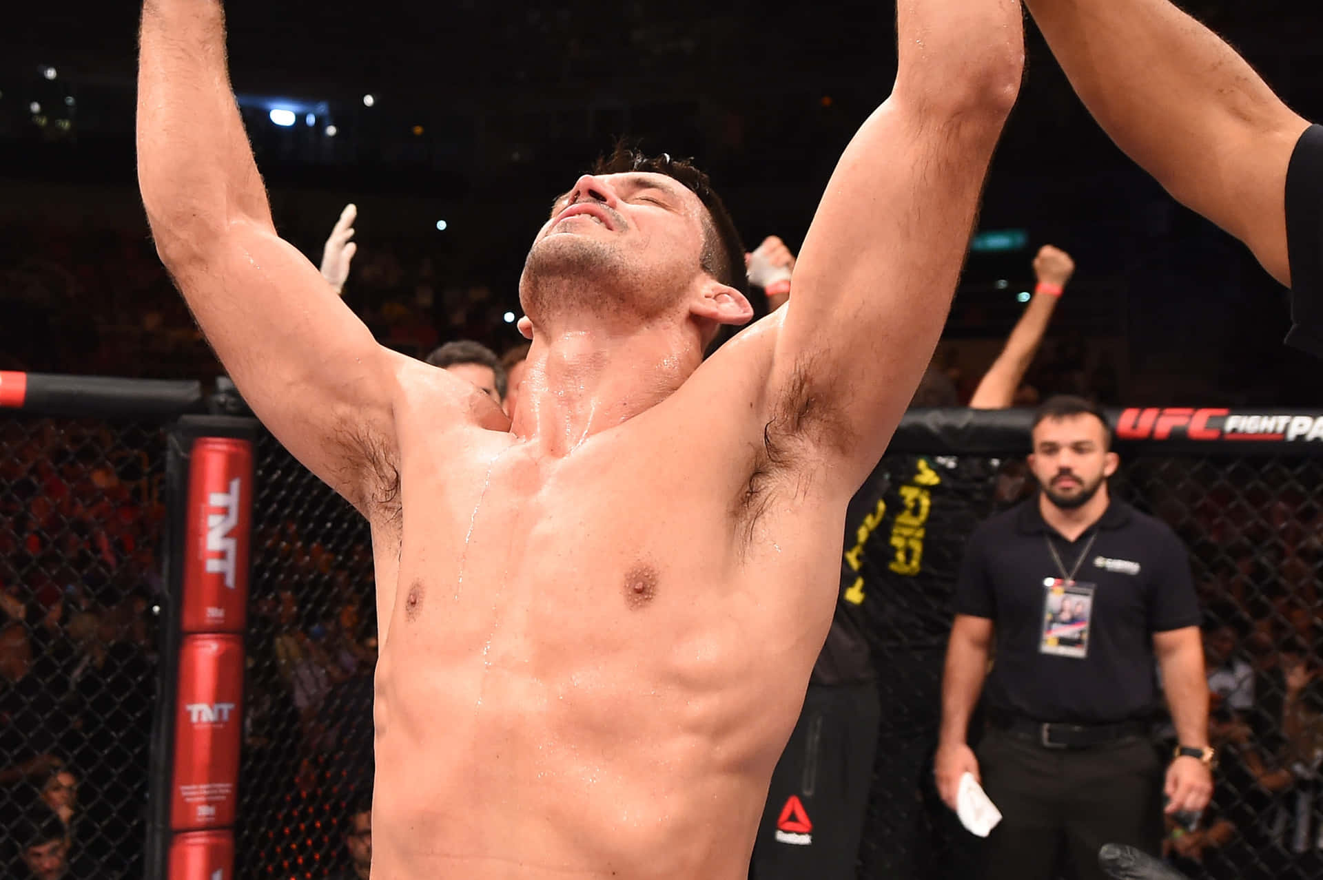MMA拳手喺UFC八角籠內舉起雙臂慶祝勝利。