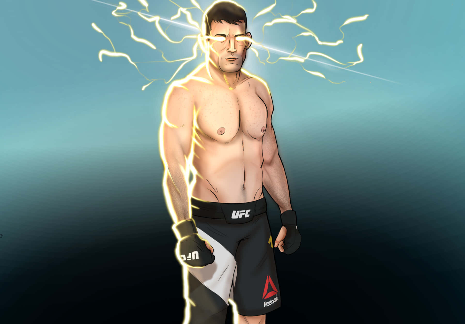一位UFC戰士在動態姿勢中被發光的閃電包圍。