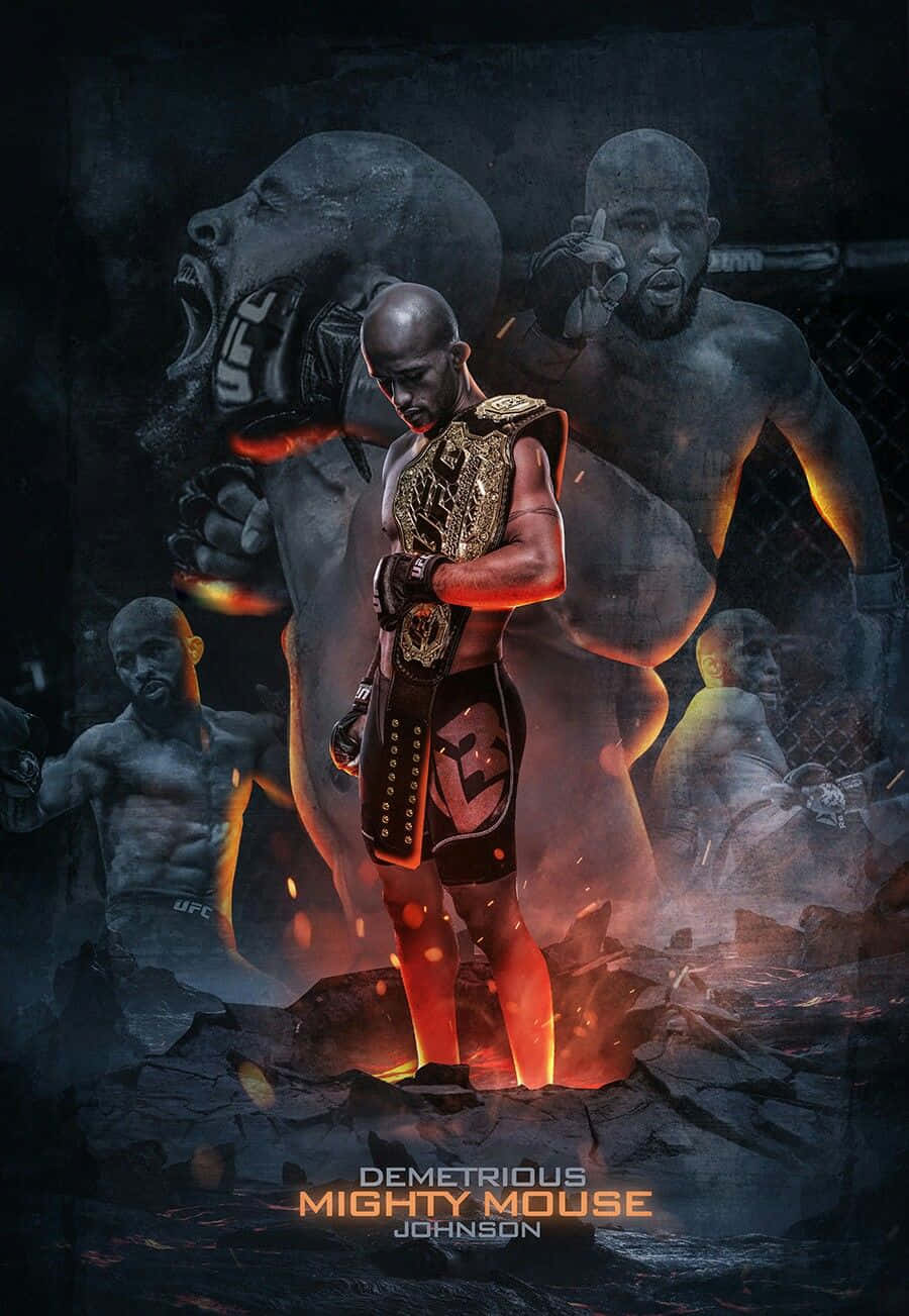 UFC戰士Demetrious Johnson手持冠軍腰帶，背後有火焰擂台和幽靈對手。