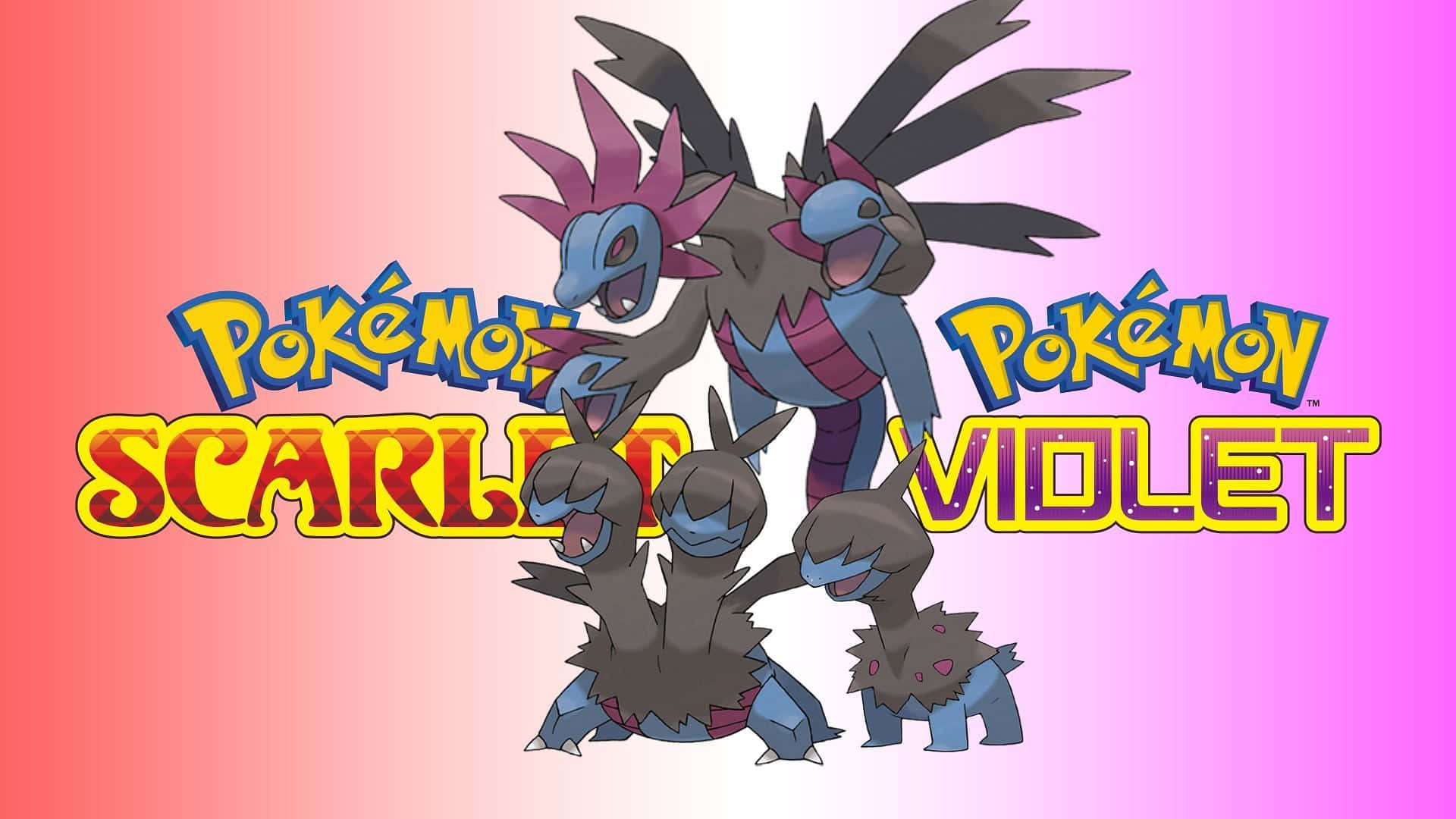 德諾進化線 壁紙 — 三個寶可夢角色站在粗體「Pokémon Scarlet Violet」文字前，背景為粉紅到橙色的漸變色。