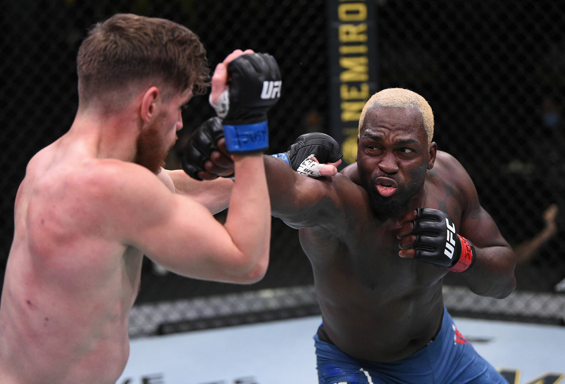 兩名男性MMA拳手在UFC八角籠中互毆。