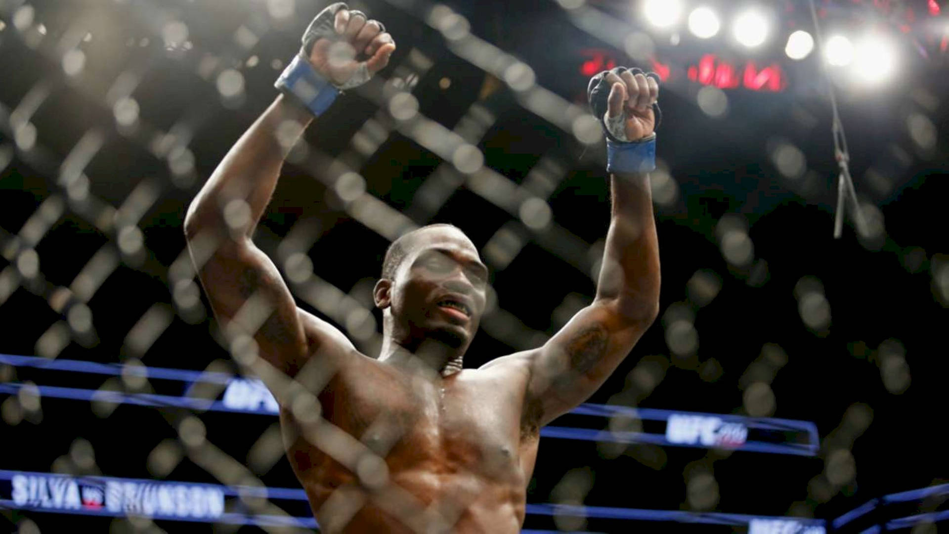 一位赤裸上身的拳手在UFC八角籠內高舉拳頭慶祝勝利。