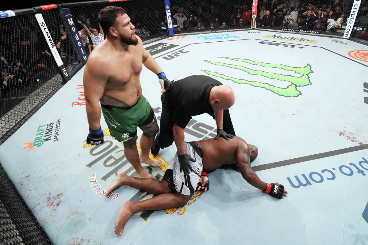 UFC拳手在八角籠中被擊倒後接受裁判檢查。
