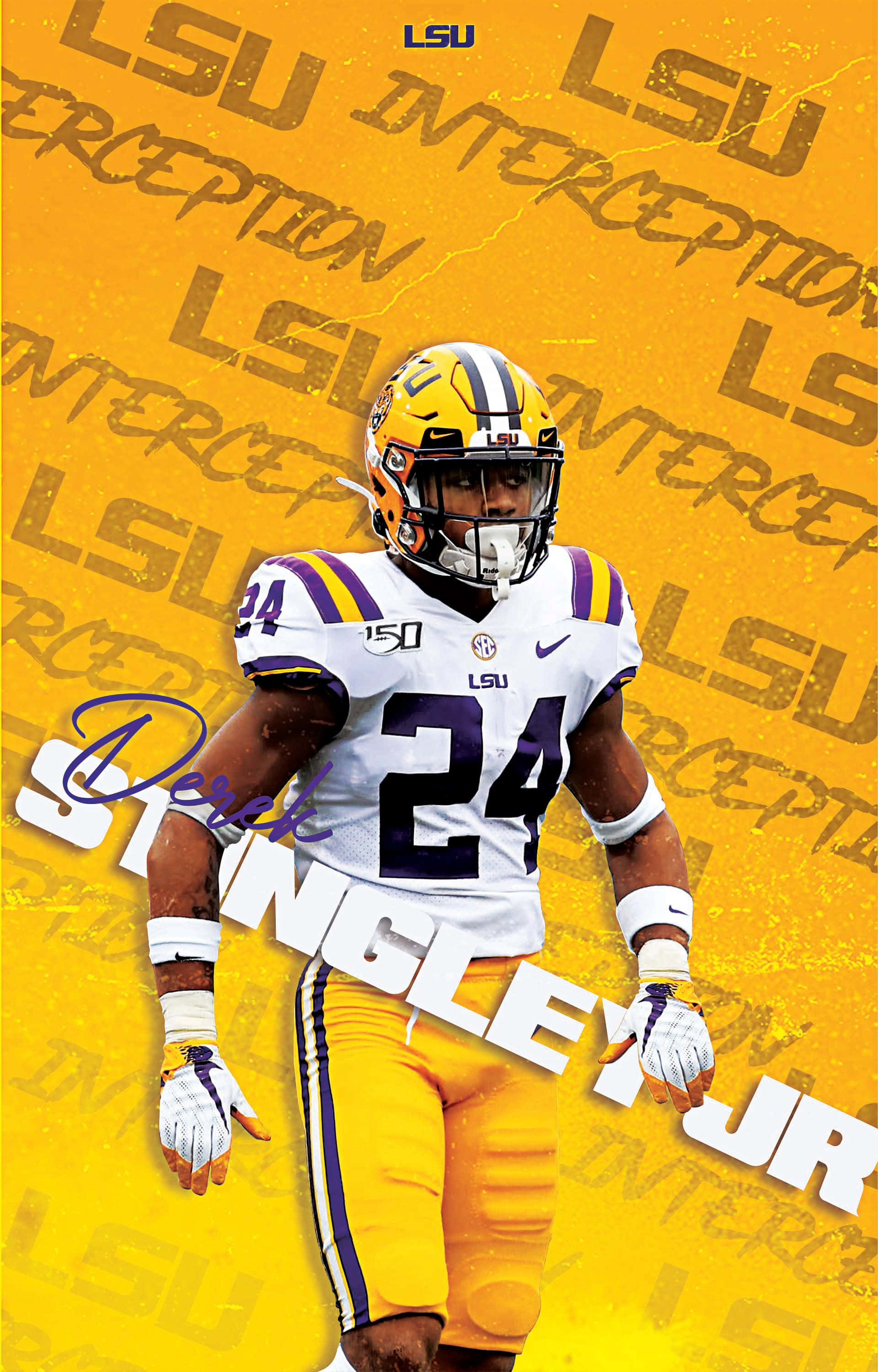德里克·辛格利 Jr. 獨家簽名海報 壁紙 — LSU 足球員 Derick Singleton Jr. 身穿白色和金色制服，自信地站在充滿活力的黃色背景前，背景上重複著「LSU INTERCEPTION」文字。
