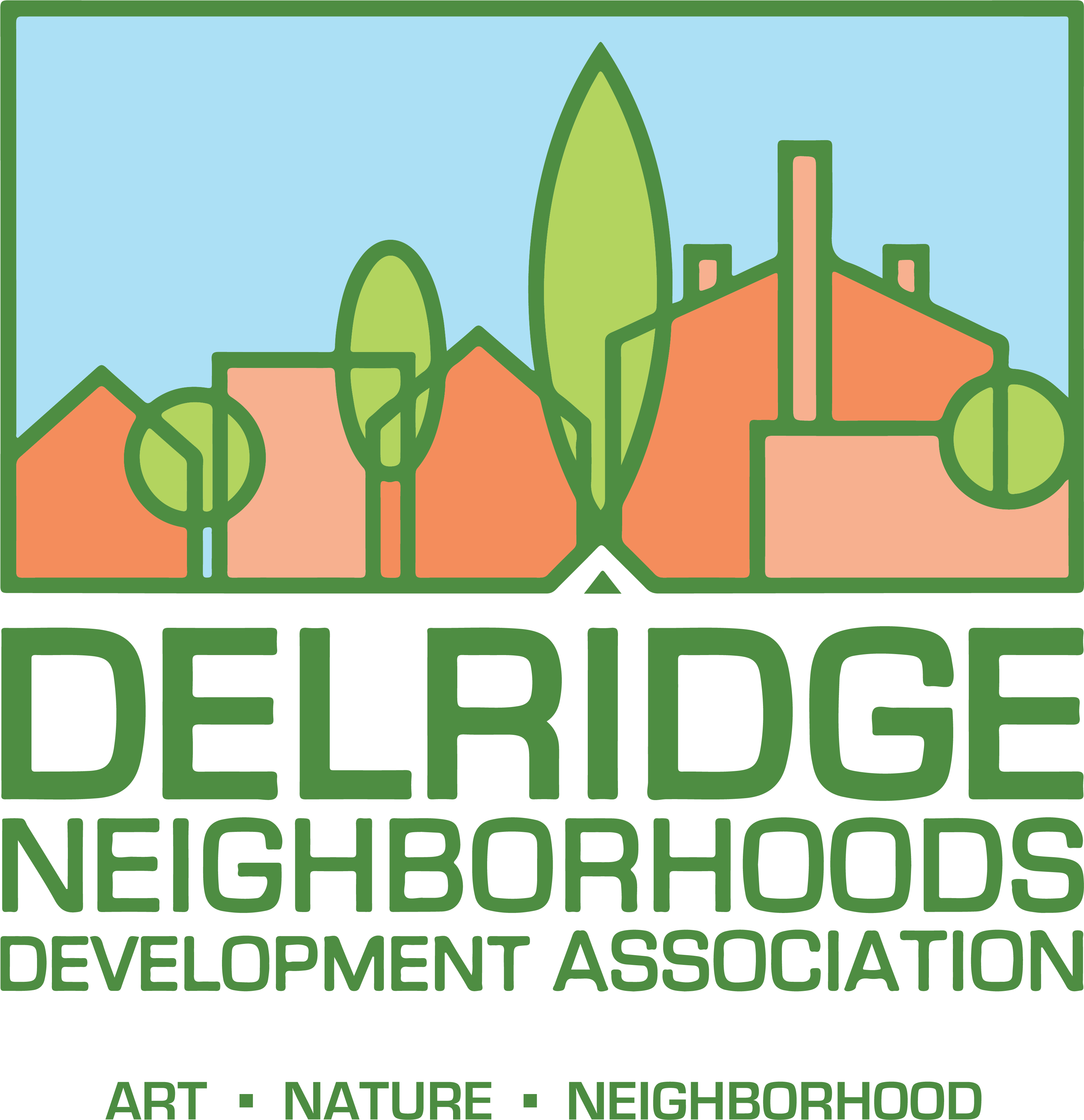 德里奇社區發展協會標誌 壁紙 — Delridge Neighborhoods Development Association 的風格化標誌，帶有橙色房屋、綠色樹木和藍天。
