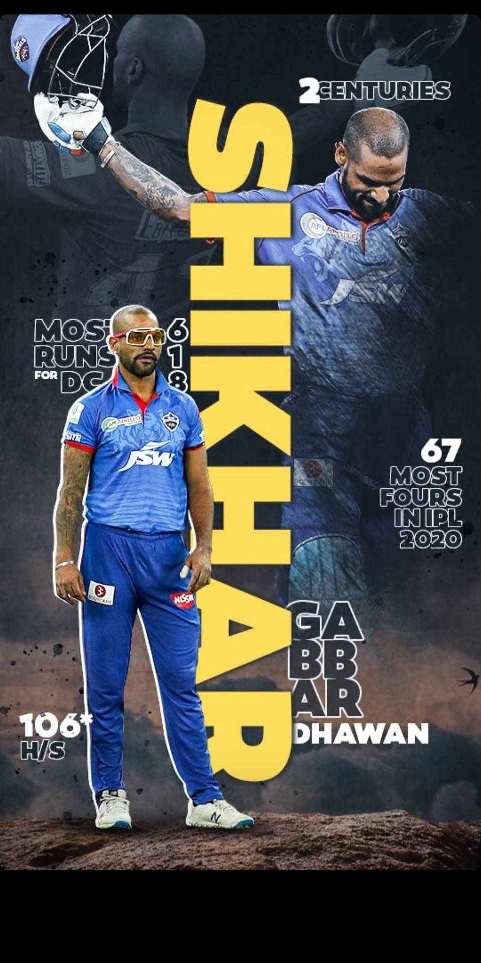 板球運動員 Shikhar Dhawan 身穿藍色制服，顯示表現統計數據。
