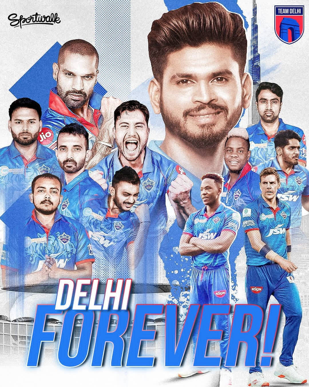 德里板球隊球員身穿藍色球衣，以「Delhi Forever!」口號慶祝。