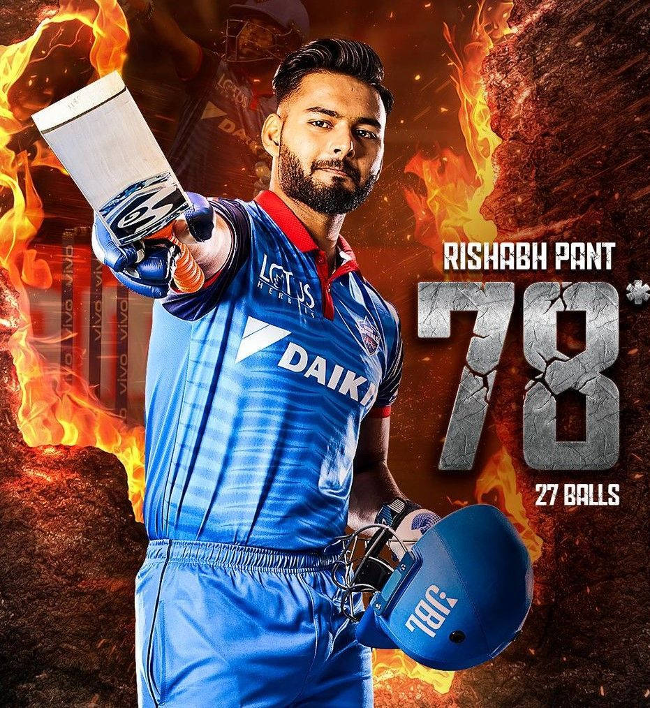 藍色球衣的板球運動員Rishabh Pant手持球棒，背景火熱，得分78。