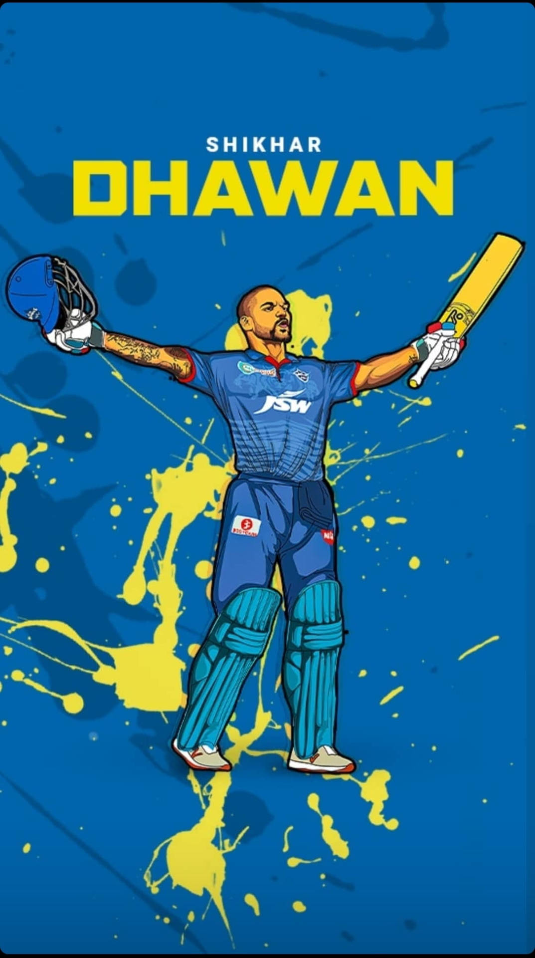 板球運動員 Shikhar Dhawan 手持球棒和頭盔慶祝勝利。