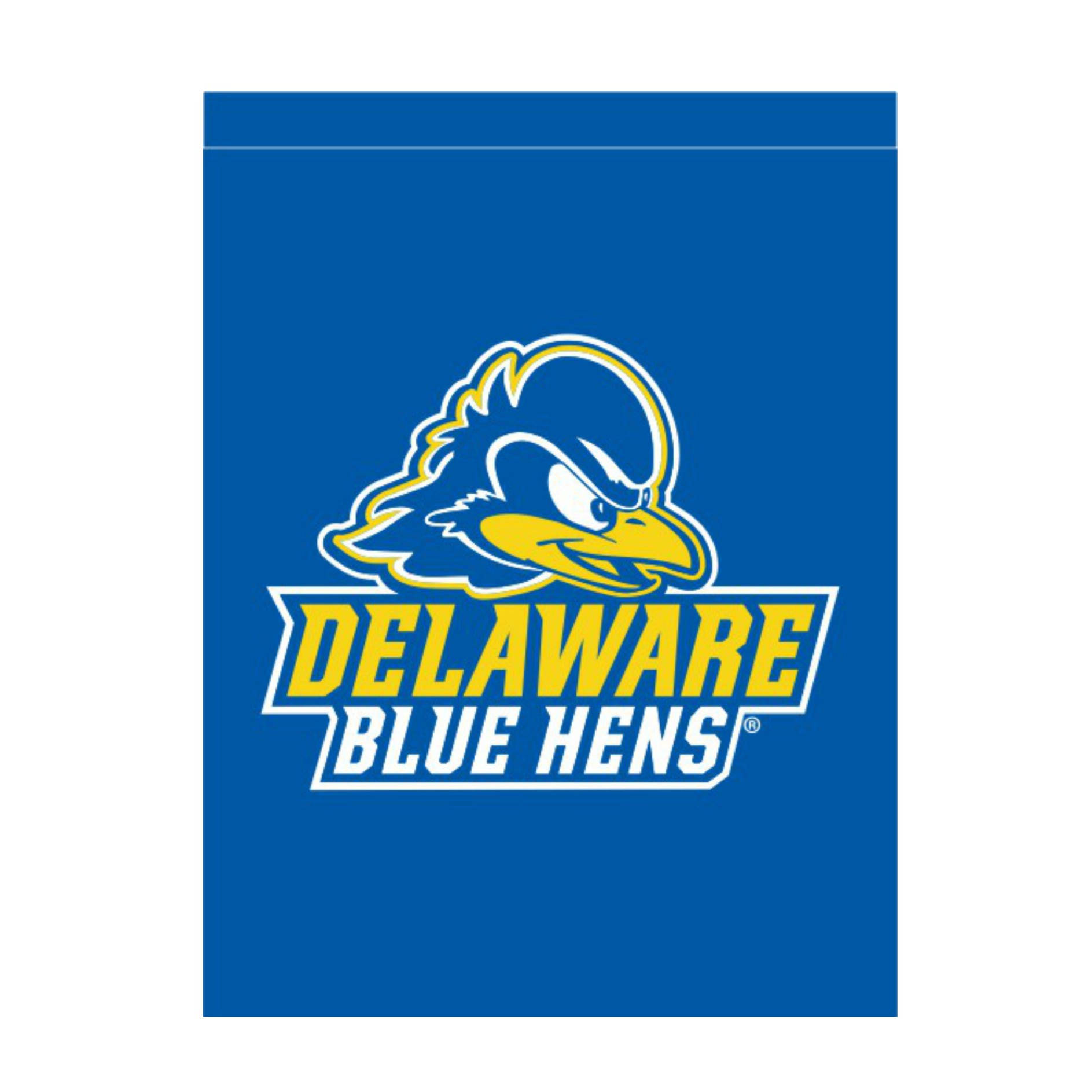 Delaware Blue Hens 運動隊標誌，藍色背景上有藍色母雞吉祥物。