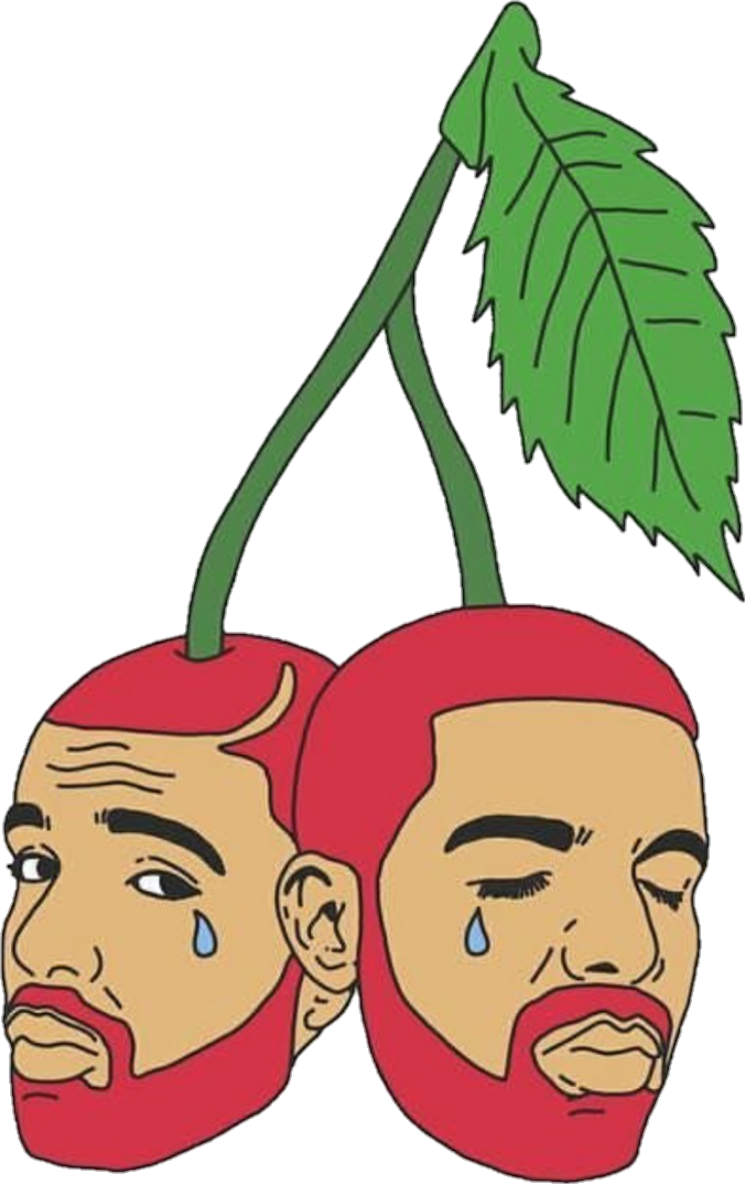 德雷克櫻桃混種插畫 壁紙 — 兩顆櫻桃，上面有Drake的臉，每顆都在黑色背景上流淚。