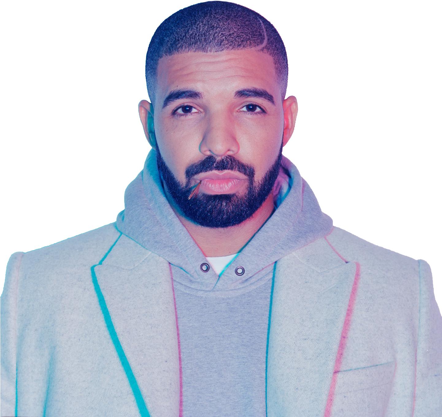 德雷克穿灰色連帽衫 壁紙 — Drake 在黑色背景前，嘴裡叼著香煙，在霓虹藍和粉紅燈光下凝視著。