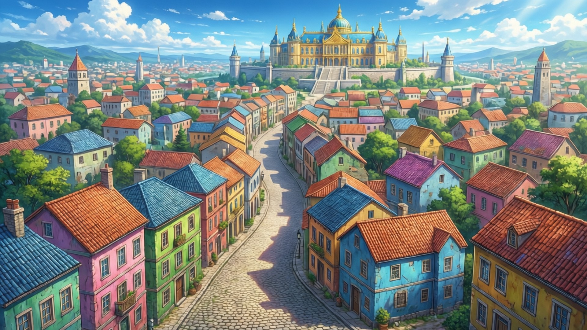 德雷斯羅薩空中全景 壁紙 — 一個充滿活力的動畫小鎮，有色彩繽紛的房屋和一座宏偉的金色城堡坐落在山丘上，天空湛藍。
