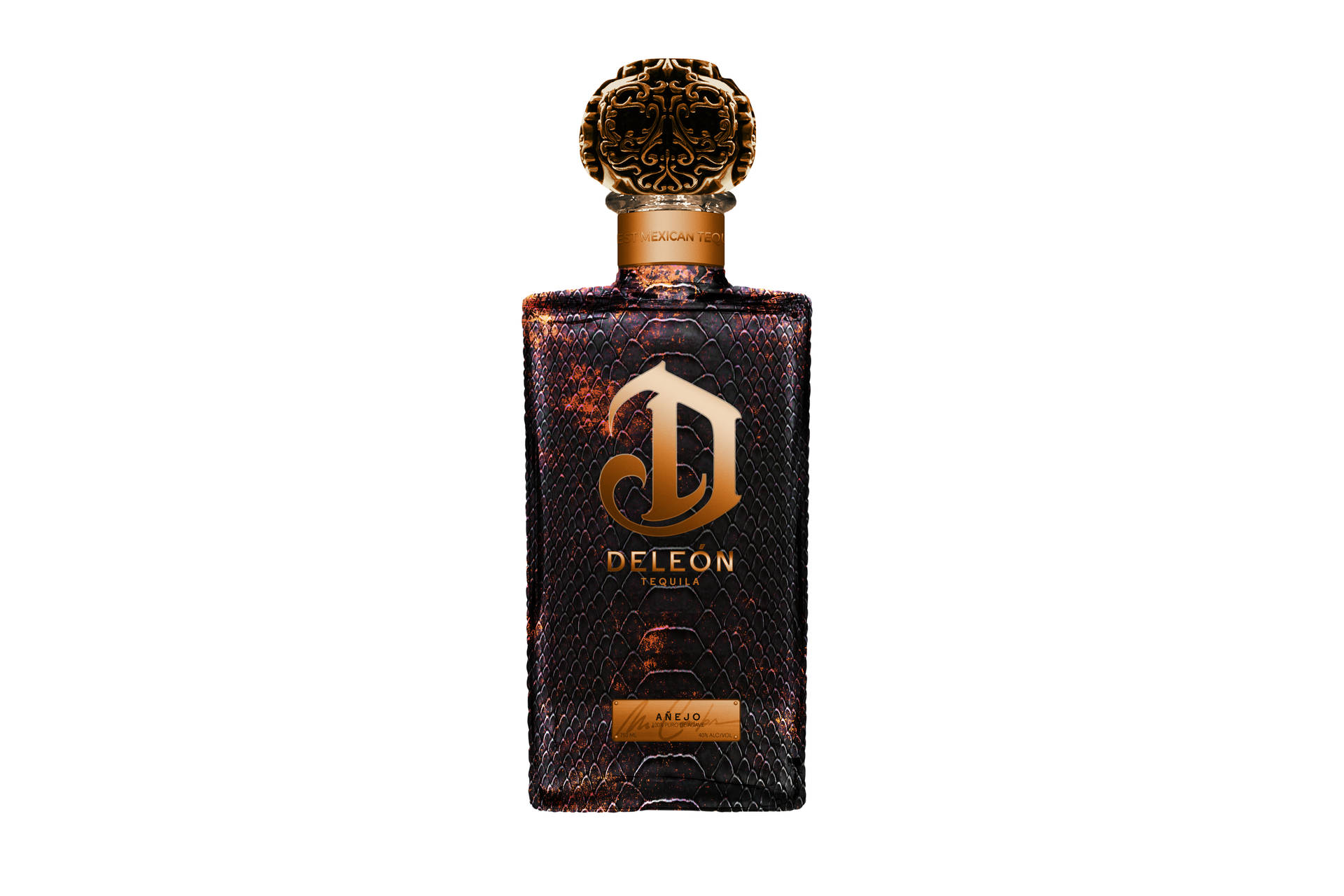 帶金色瓶蓋和蛇皮圖案的DeLeon Tequila酒瓶