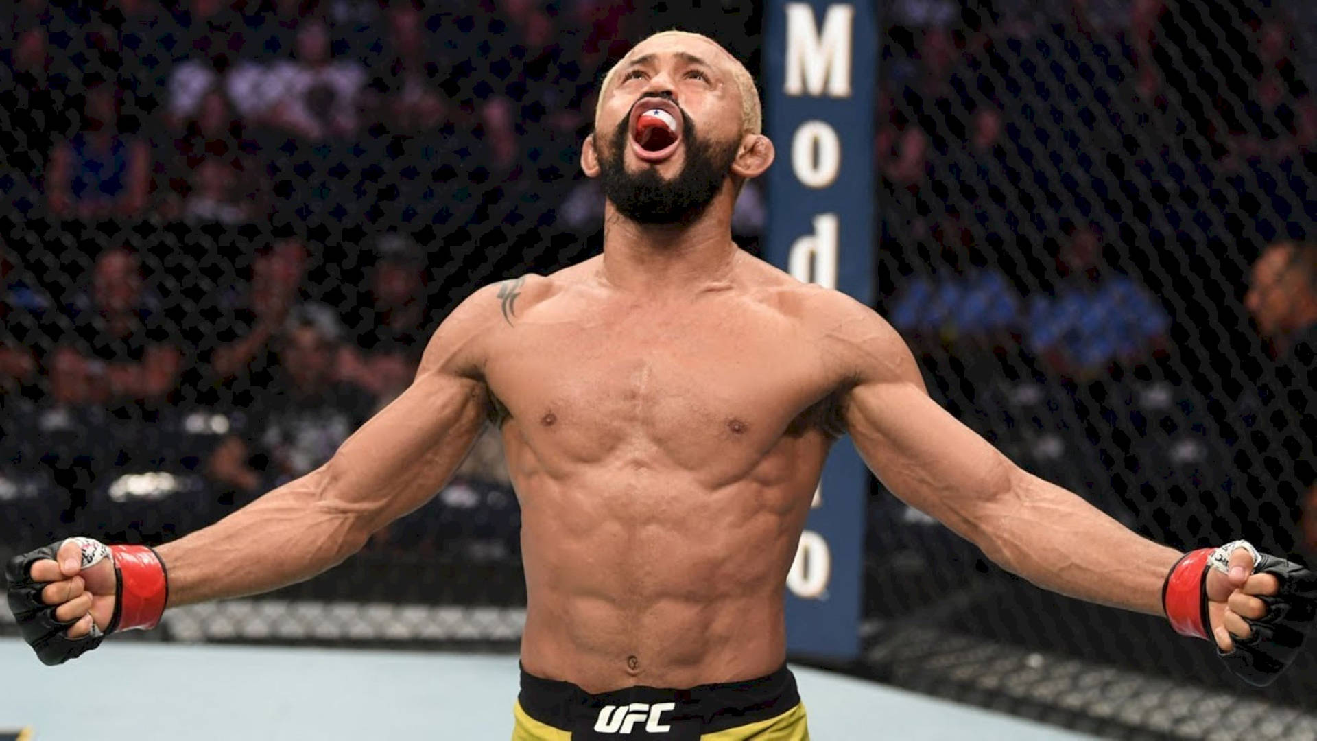 UFC拳手在八角籠內張開雙臂慶祝勝利。