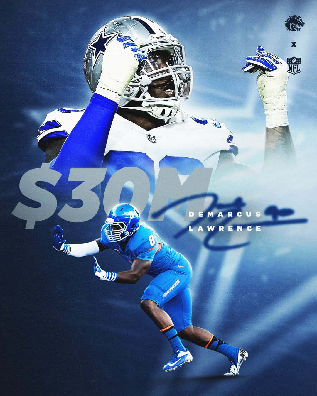身穿藍色球衣的NFL球員Demarcus Lawrence舉起拳頭慶祝，並帶有$30M圖案。