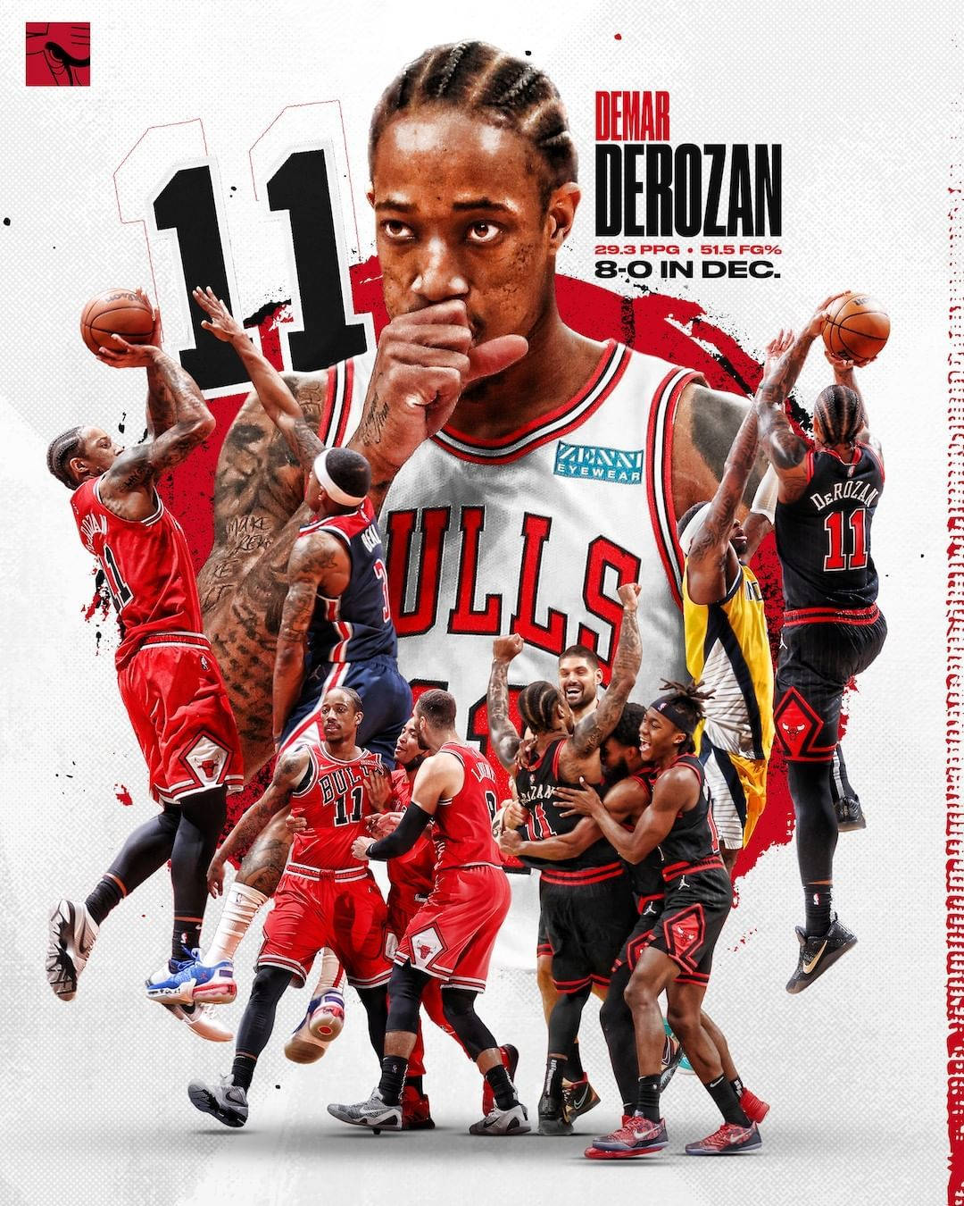 DeMar DeRozan 籃球運動員拼貼，展示公牛隊制服中的統計數據和比賽亮點。