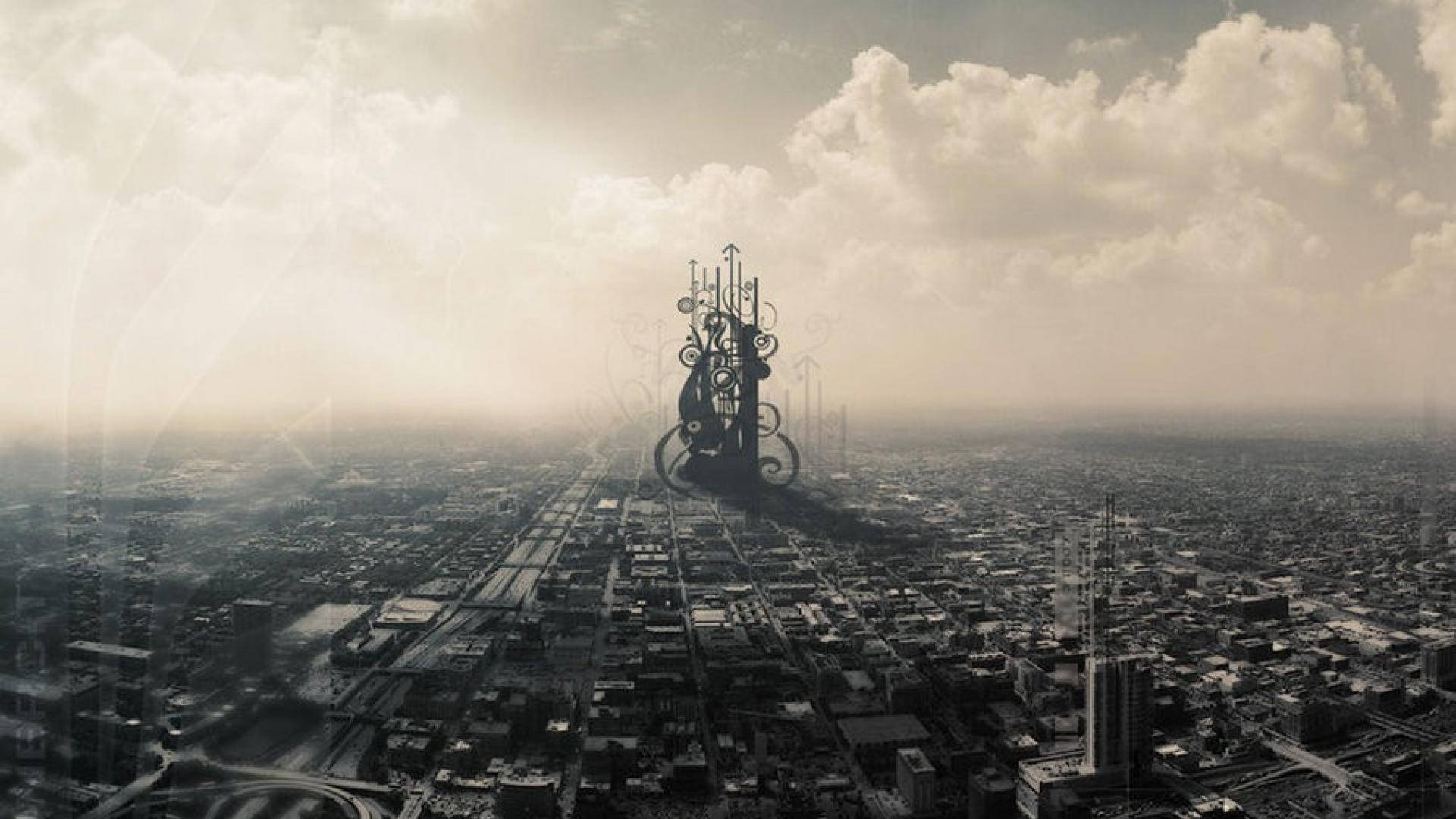 德黑蘭想像中的現代建築 壁紙 — 在陰雲密佈的天空下，一座華麗的機械結構從城市擴張中拔地而起，主導了這幅超現實的棕褐色城市景觀。