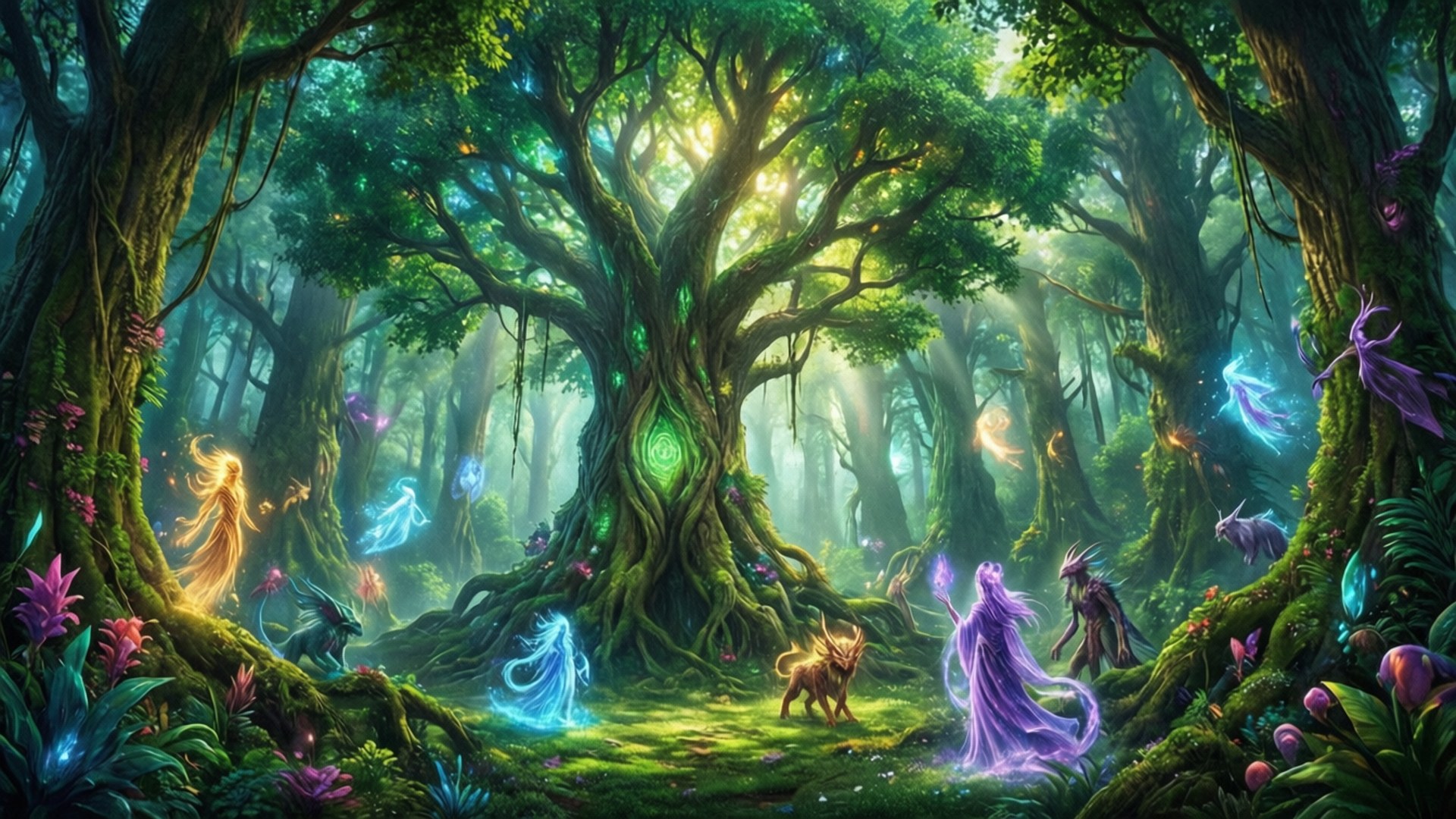 心之國的魔法 壁紙 — 一片神秘的森林閃爍著翠綠的光芒，發光的仙女和一位身穿紫色長袍的人物聚集在一棵巨大的古樹周圍。