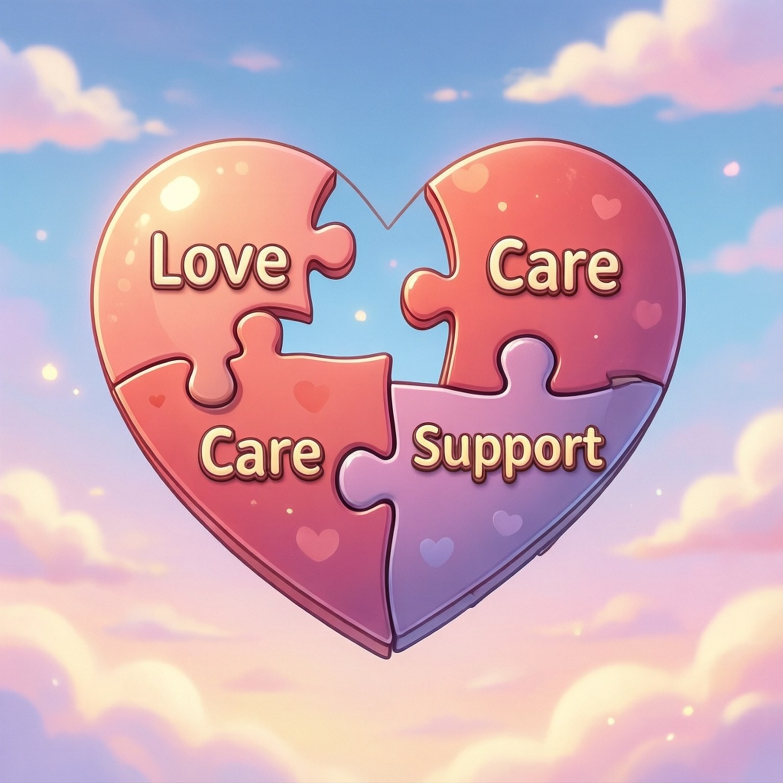 心之益處 壁紙 — 一個心形拼圖，上面有寫著 Love Care Care Support 的碎片，在帶有柔和雲朵的粉彩天空中漂浮。