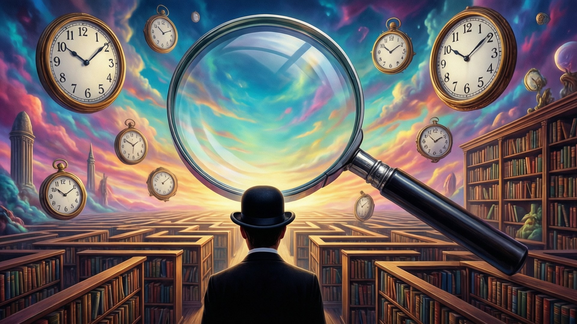 戴圓頂禮帽的男人透過巨大放大鏡看著圖書館迷宮中漂浮的時鐘，背景是日落。