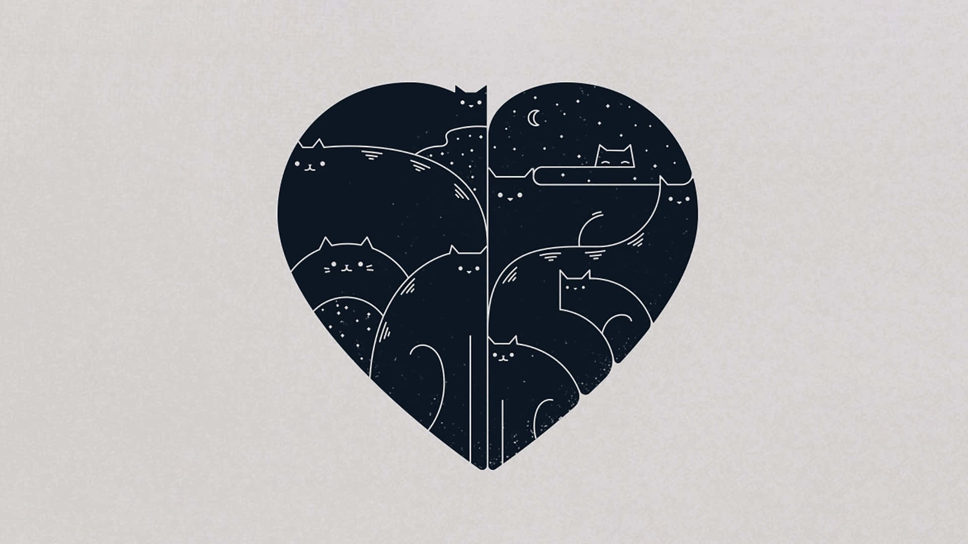 Cartoon Heart 桌布 壁紙 — 心形剪影分為白天和夜晚場景，每個場景都充滿了在深色背景上以極簡白色線條繪製的貓咪。