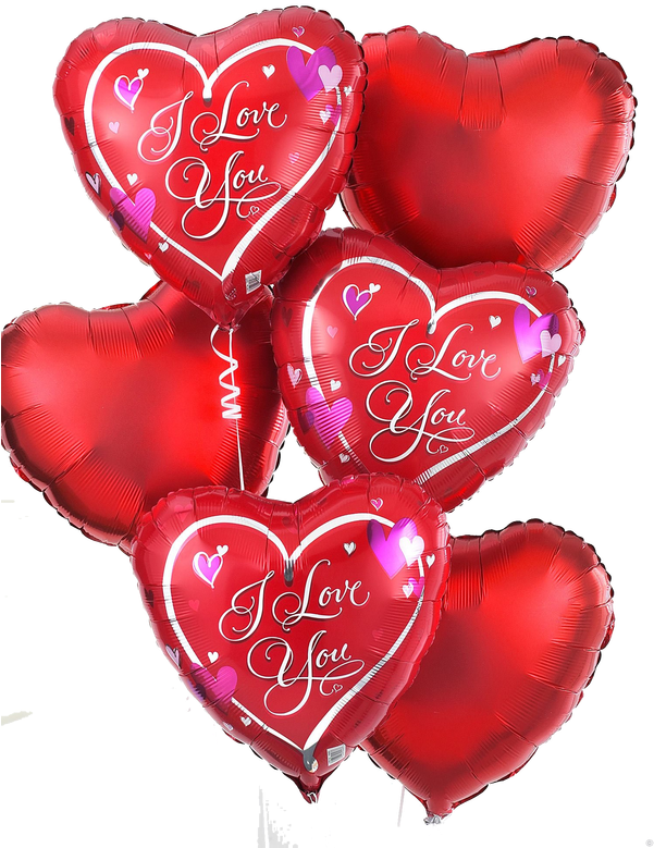 心形愛心氣球 壁紙 — 一簇閃亮的紅色心形氣球，上面有「I Love You」字樣和紫色心形，背景為黑色。