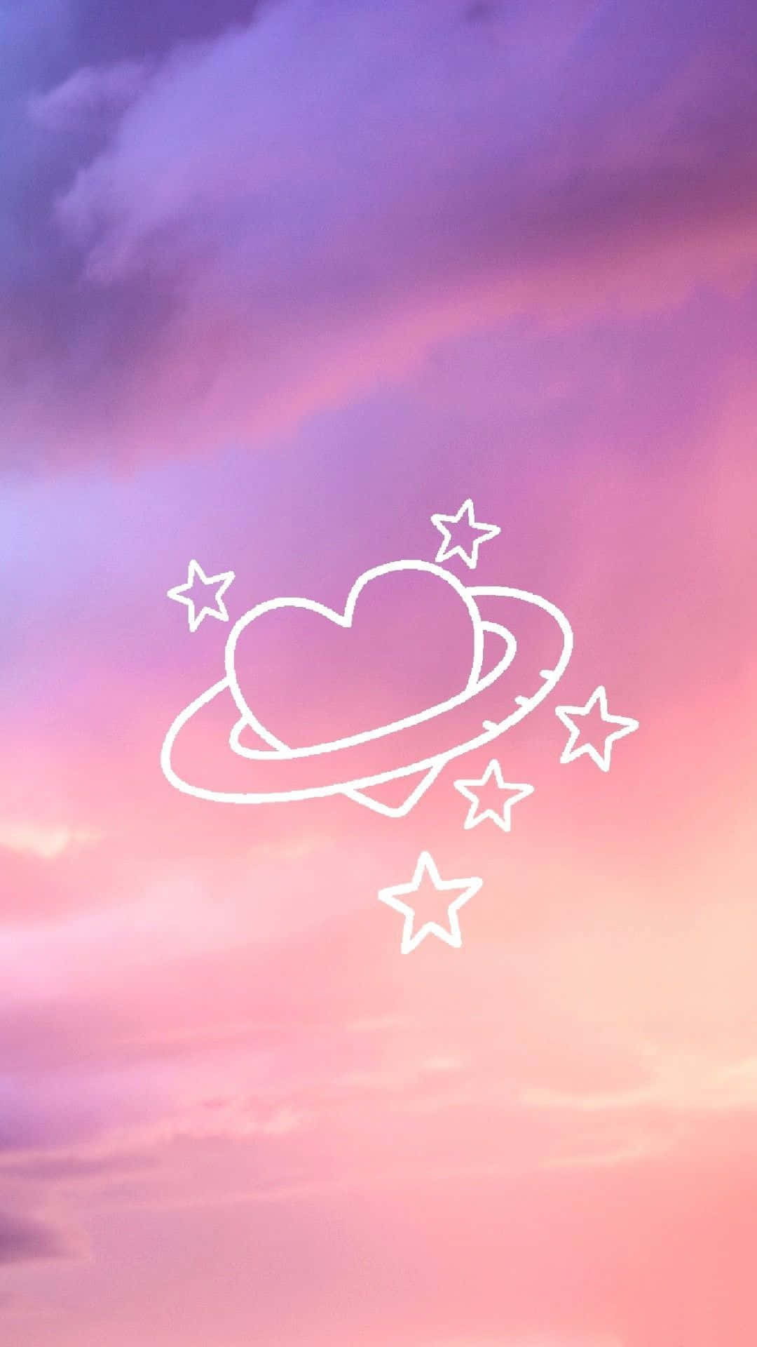 心形戒指星圖精緻頭像 壁紙 — 一個白色輪廓的心形行星，帶有環和星星，漂浮在柔和的粉紅色和紫色暮色天空中。