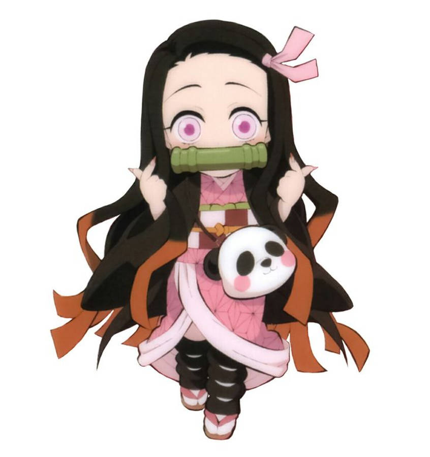心形手勢的鬼滅之刃禰豆子 壁紙 — 長黑髮粉紅眼嘅Q版動漫少女戴住竹製口塞，抱住可愛熊貓公仔。