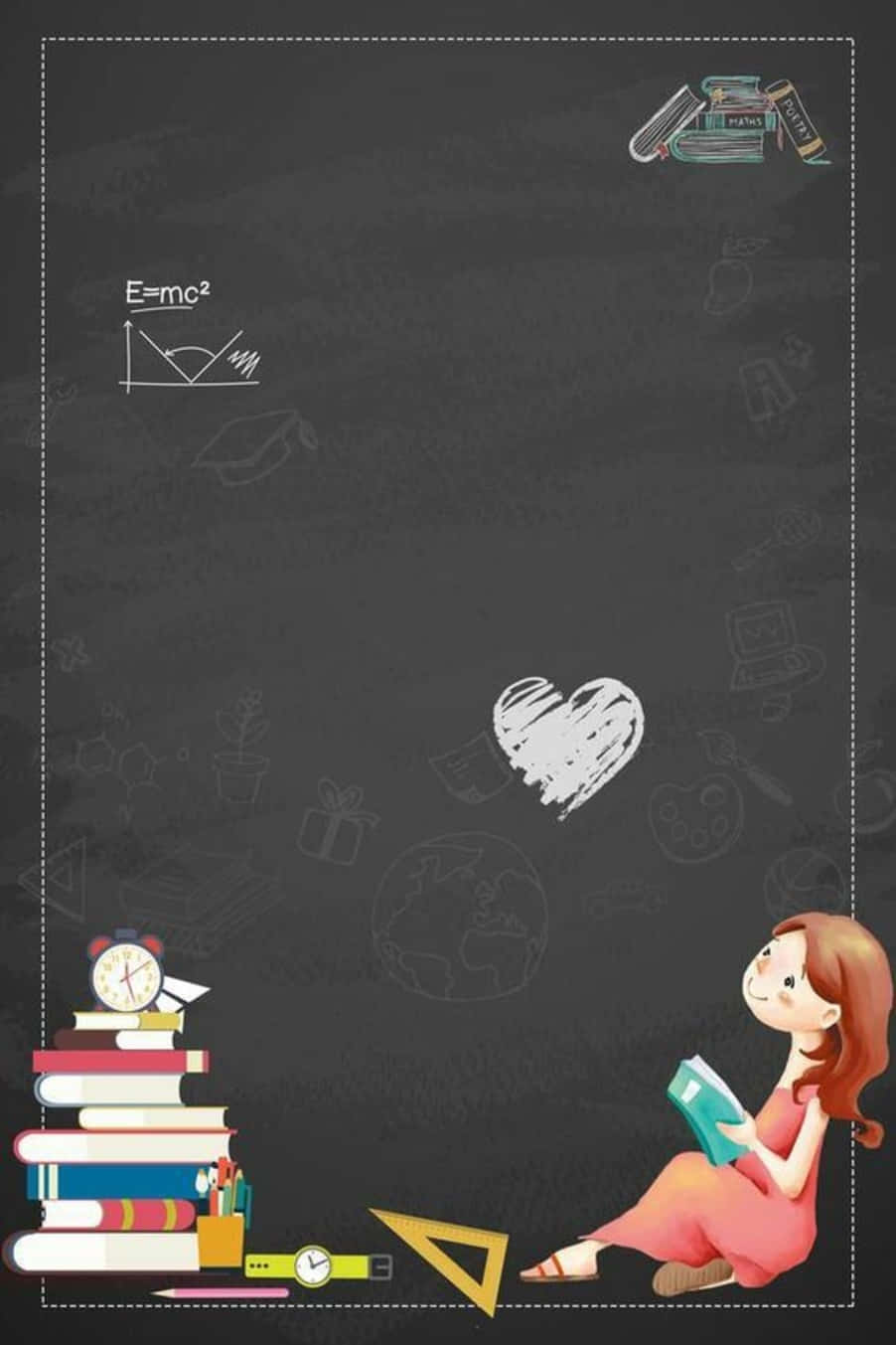 女孩在黑板上背景中，被學校用品包圍著閱讀書籍