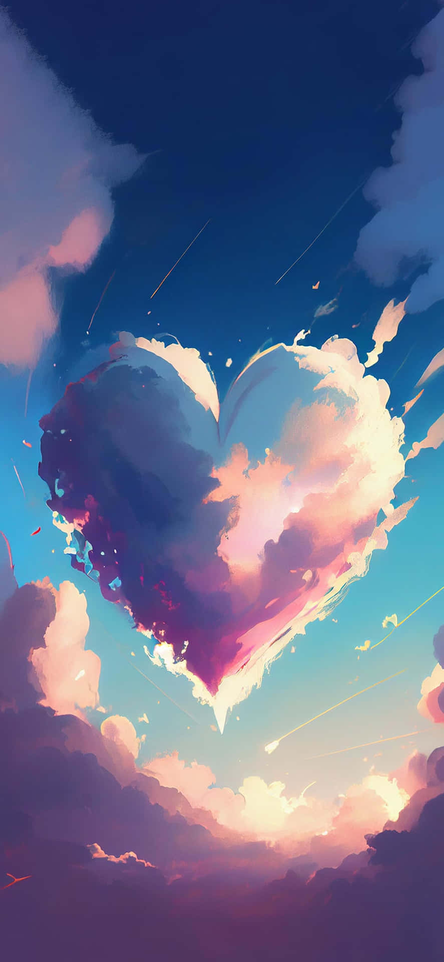 一顆愛心形狀的雲朵在暮色天空中發光，伴有流星。