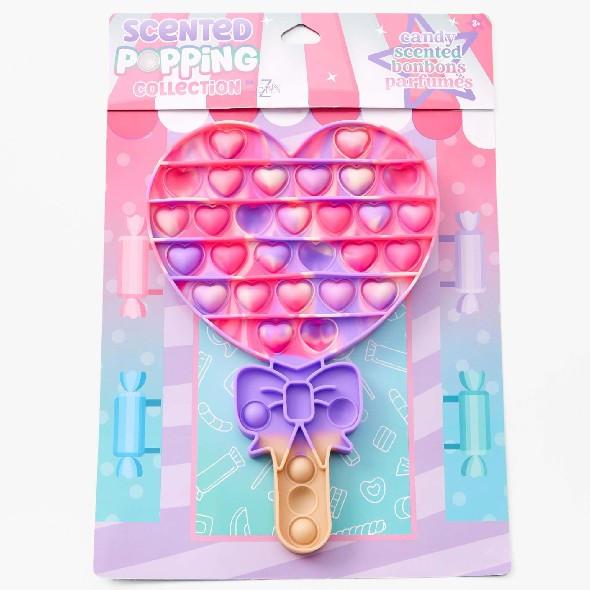 Popit 桌布 壁紙 — 心形香味按壓玩具，帶有漸變粉紅紫色心形和紫色蝴蝶結，包裝以糖果為主題。