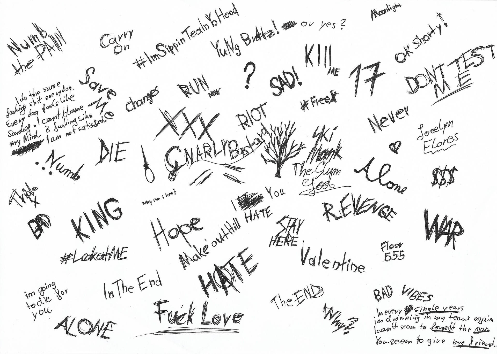 牆上覆蓋著憤怒的手寫短語，如 hate alone 和 revenge。