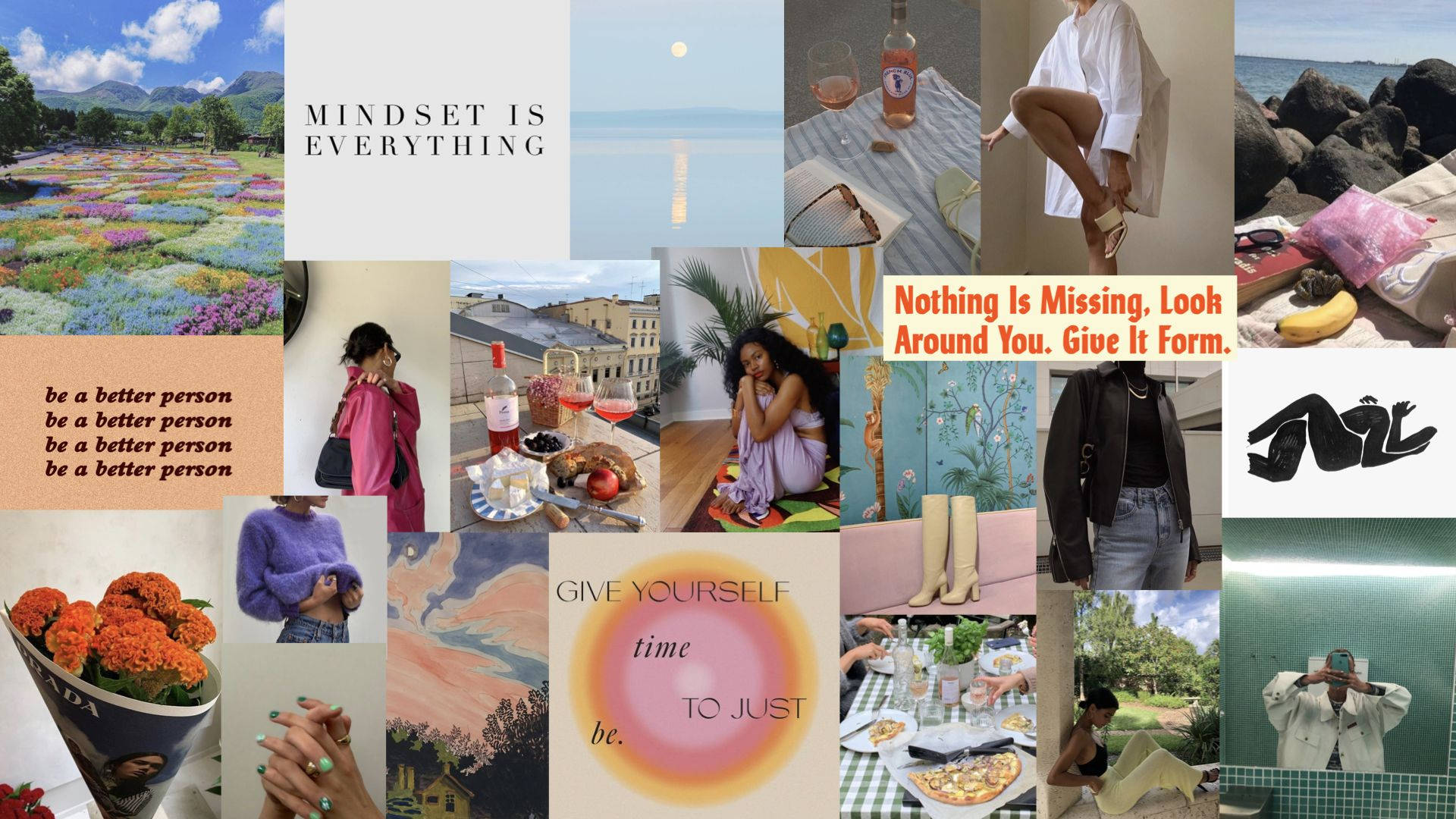 帶有花朵、海灘名言和享受夏日時刻的人們的勵志拼貼畫。