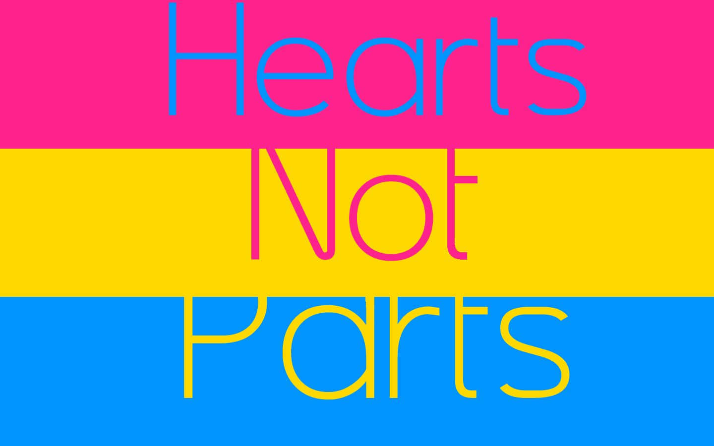 在彩色條紋上帶有Hearts Not Parts文字的圖形設計